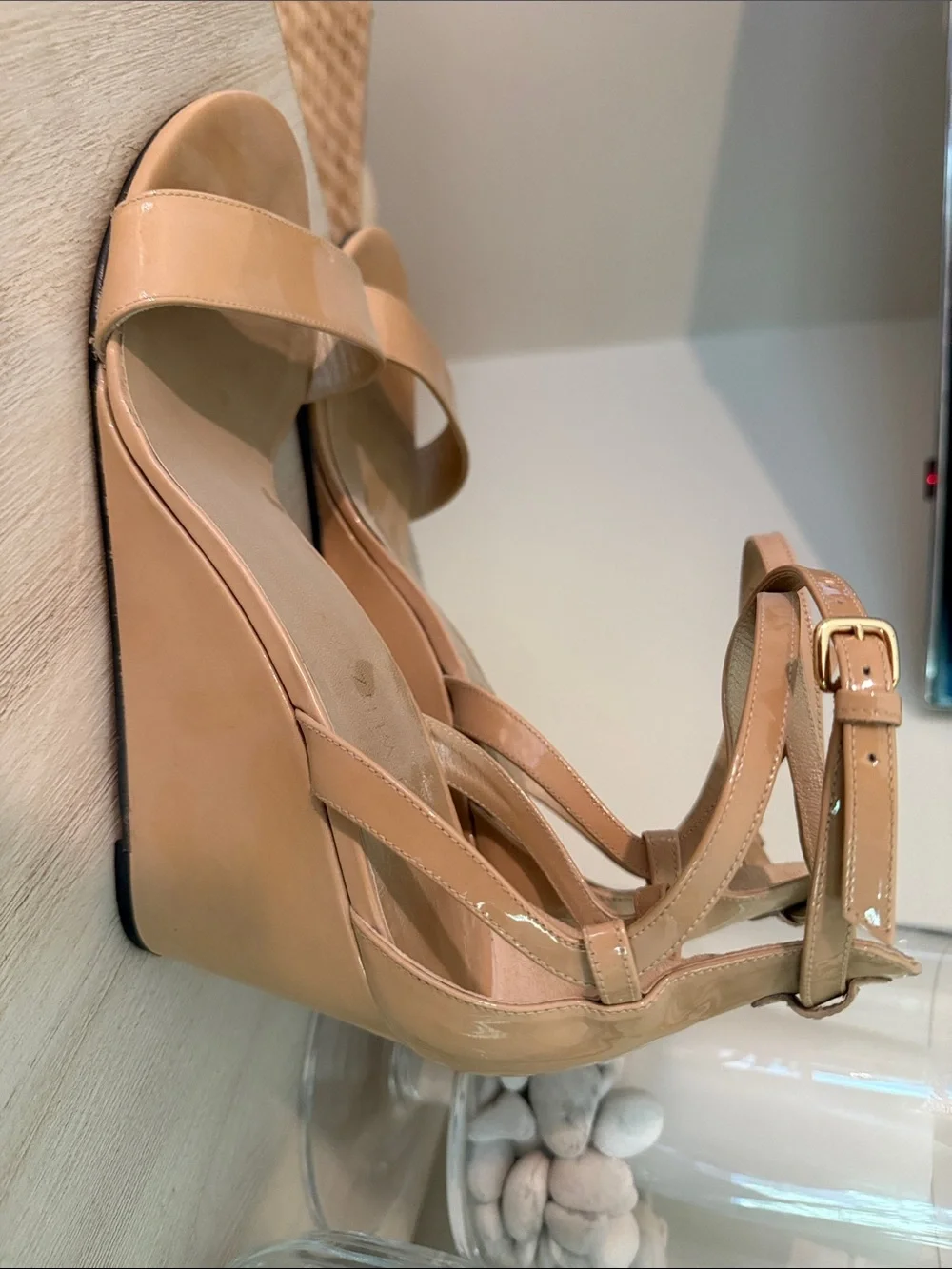 Stuart Weitzman Patent Leather Nude/Tan Ankle-Strap Wedge Sandals